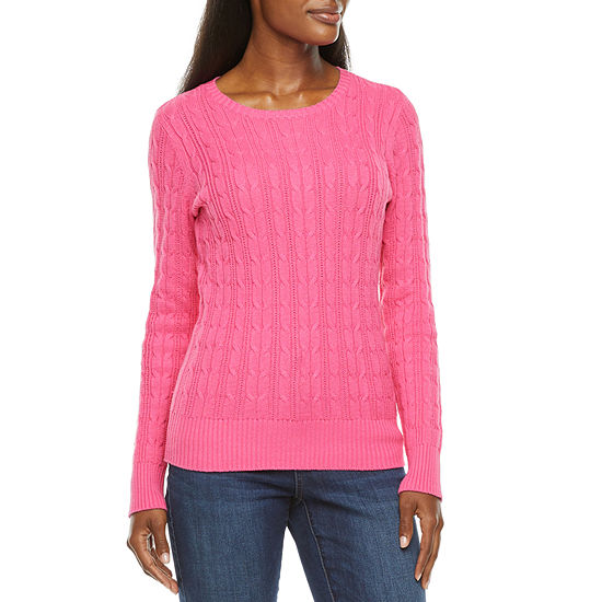St. John's Bay Womens Cable Crew Neck Long Sleeve Pullover Sweater