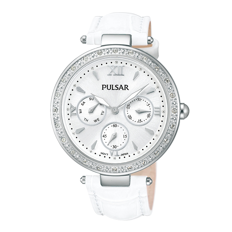 Pulsar Womens Crystal Accent White Leather Strap Watch