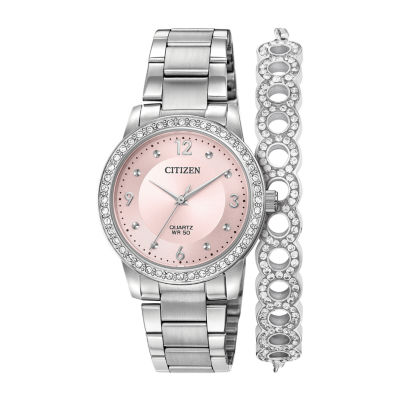 Citizen Womens Crystal Accent Silver Tone Stainless Steel 2pc. Watch