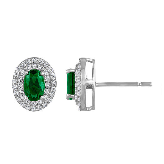 Oval Simulated Emerald Sterling Silver Stud Earrings