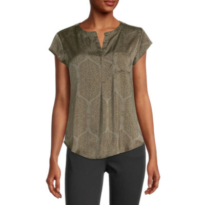 Liz Claiborne Womens Split Crew Neck Short Sleeve Satin Blouse
