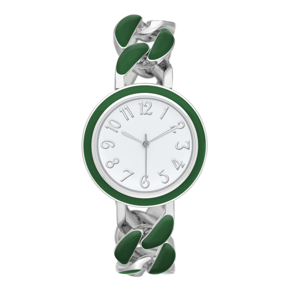 Womens Silver Tone Enamel Chain Bracelet Watch, Green