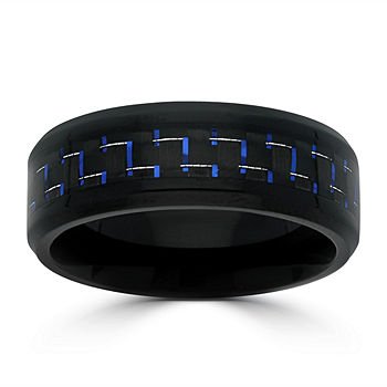 Mens 8MM Black Stainless Steel with Blue Carbon Fiber Wedding Band