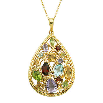 Multi-Gemstone 18K Yellow Gold Over Sterling Silver Cluster Pendant Necklace
