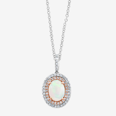 Effy Womens 1/5 CT. T.W. Diamond & Genuine White Opal 14K Two Tone Gold Pendant Necklace