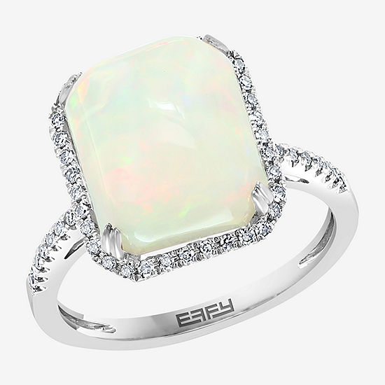 Effy Womens 1/5 CT. T.W. Diamond & Genuine White Opal 14K White Gold Cocktail Ring