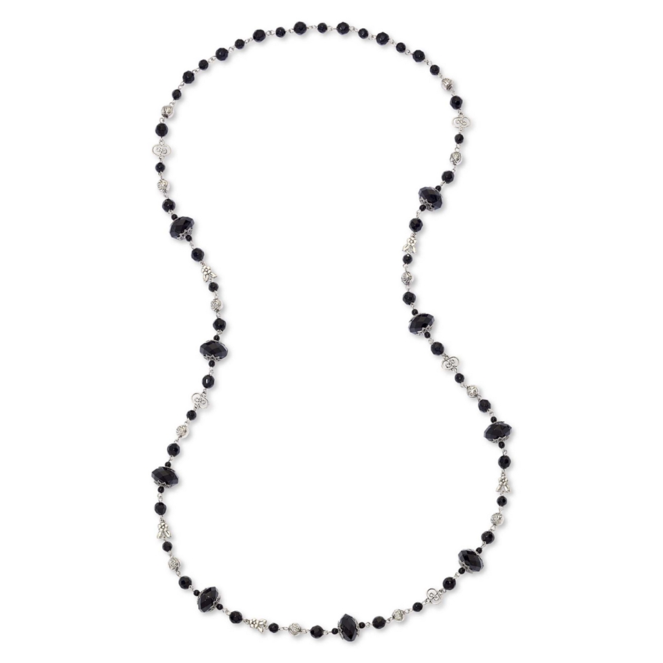Silver Tone & Black Bead Long Strand Necklace