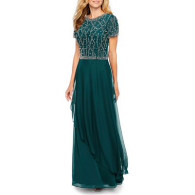 jackie jon short sleeve beaded evening gown