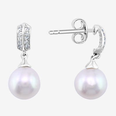 Effy  Diamond Accent Genuine White Cultured Freshwater Pearl Sterling Silver Ball Drop Earrings