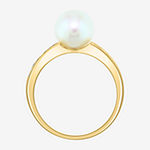 Effy  Womens Diamond Accent 8MM Genuine White Cultured Freshwater Pearl 14K Gold Over Silver Cocktail Ring