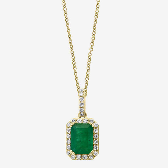 Effy Womens 1/7 CT. T.W. Diamond & Genuine Green Emerald 14K Gold Pendant Necklace