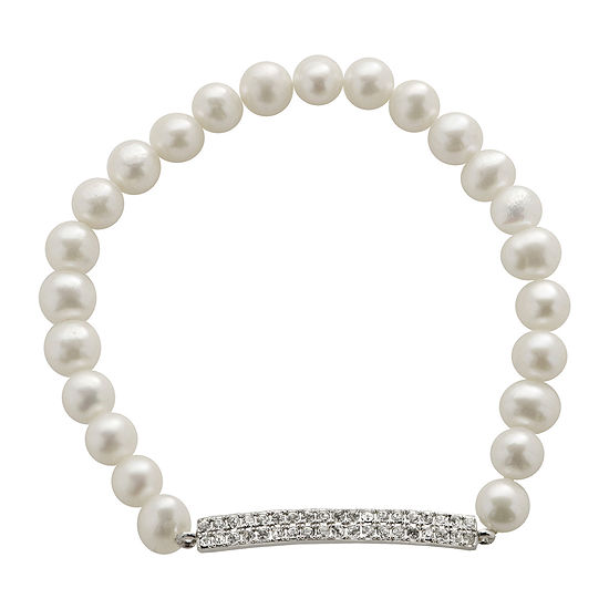 Cultured Freshwater Pearl & Crystal Bar Stretch Bracelet