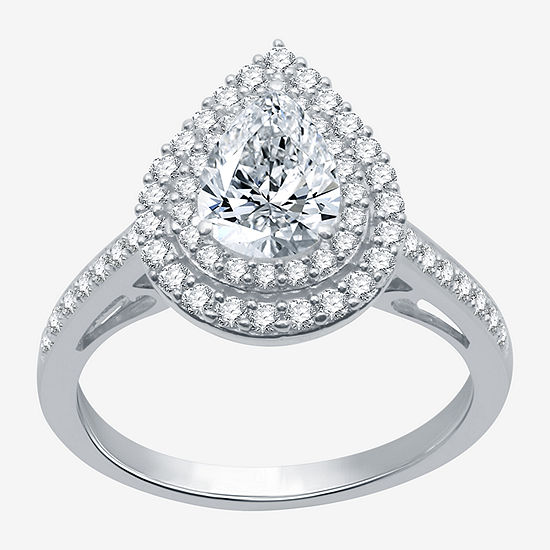 Modern Bride Signature Womens 1 1/2 CT. T.W. Lab Grown White Diamond 10K White Gold Pear Halo Engagement Ring