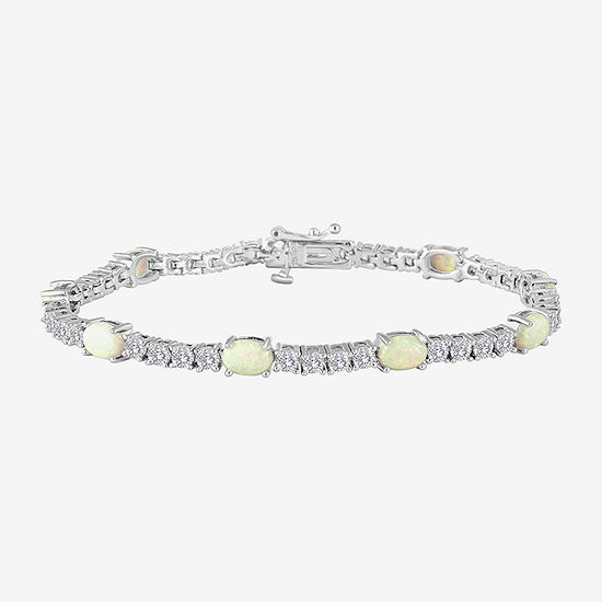 Sterling Silver Over Brass Lab-Created Opal and Cubic Zirconia Tennis Bracelet