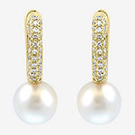 Effy 1/5 CT. T.W. Diamond & Genuine White Cultured Freshwater Pearl 14K Gold Over Silver Hoop Earrings