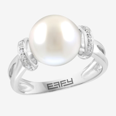 Effy  Womens Diamond Accent 10MM Genuine White Cultured Freshwater Pearl Sterling Silver Cocktail Ring