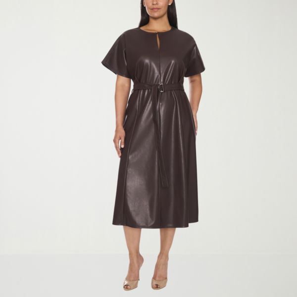 Sam And Jess Womens Plus Midi Keyhole Neck Short Sleeve Dolman Fit + Flare Dress