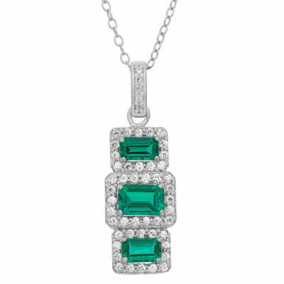 Womens Lab Created Green Emerald Sterling Silver Rectangular Pendant