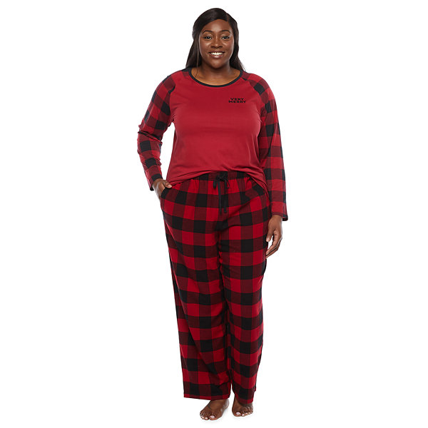 North Pole Trading Co. Buffalo Plaid Womens Plus Long Sleeve 2-pc. Pant Pajama Set
