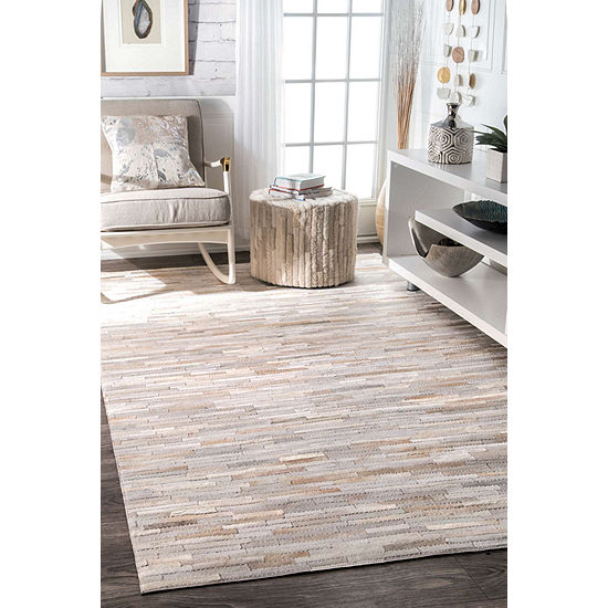 Nuloom Hand Woven Clarity Patchwork Cowhide Rug Color Beige