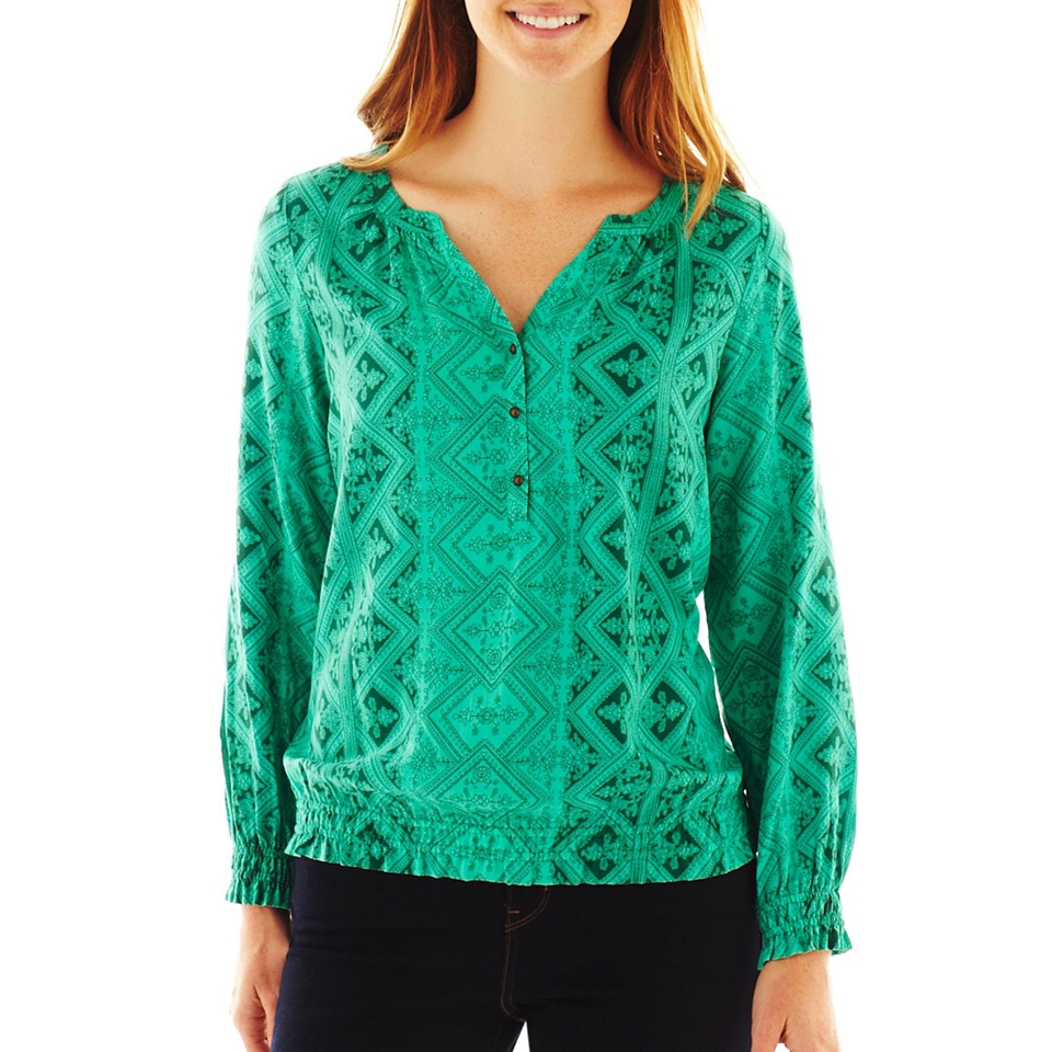 St. Johns Bay Long Sleeve Peasant Top, Sh Spruce/ench Gre