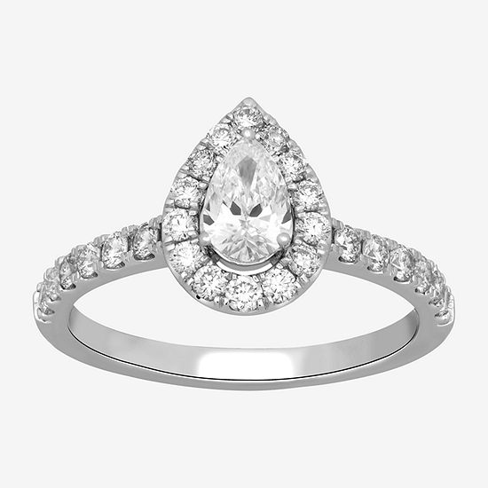 Modern Bride Signature Womens 1 CT. T.W. Lab Grown White Diamond 10K White Gold Pear Solitaire Halo Engagement Ring