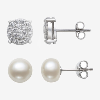 LIMITED TIME SPECIAL! 2 Pair Earring Set with Lab Created White Sapphire Studs and 7mm Cultured Freshwater Pearl Studs in Sterling Silver