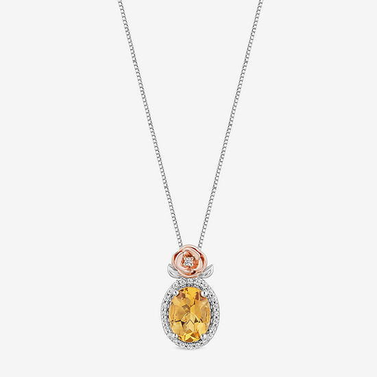 Enchanted Disney Fine Jewelry Womens 1/10 CT. T.W. Genuine Yellow Citrine 14K Rose Gold Over Silver Belle Pendant Necklace