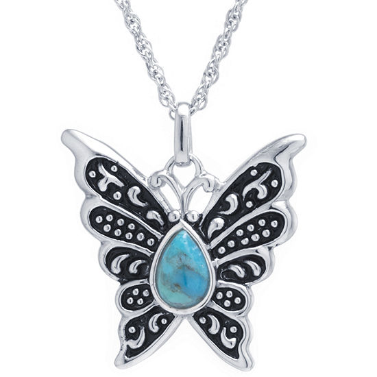 Butterfly Womens Enhanced Blue Turquoise Sterling Silver Butterfly Pendant Necklace