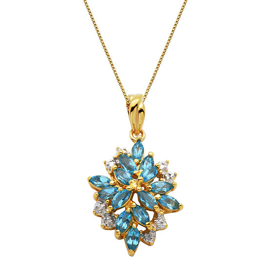 Womens Genuine Blue Topaz 18K Gold Over Silver Flower Pendant Necklace