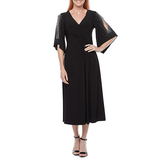 MSK 3/4 Sleeve Beaded Midi Fit & Flare Dress, Color: Black - JCPenney
