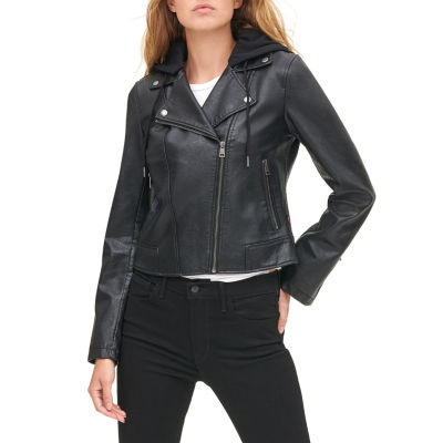 black faux leather hooded jacket