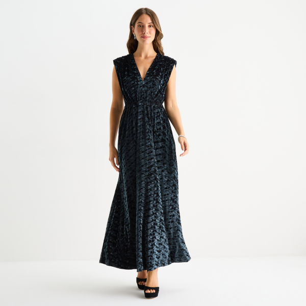 Sam And Jess Womens V Neck Sleeveless Velvet Scroll Evening Gown
