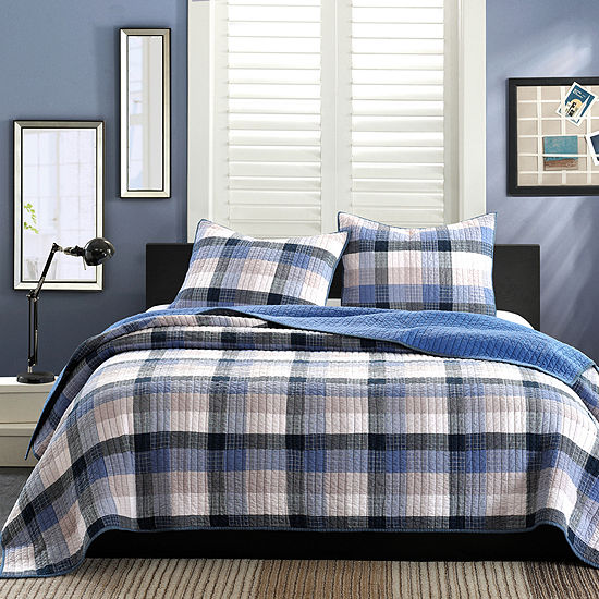 INK+IVY Maddox Antimicrobial Blue Plaid Quilt Set