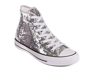 New Converse Chuck Taylor All Star High-Top Sequin Womens Sneakers - Womens Size 6 Medium Silver-white-black Shoes