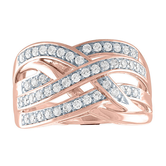 Womens 1/2 CT. T.W. Lab Grown White Diamond 14K Rose Gold Over Silver Crossover Cocktail Ring