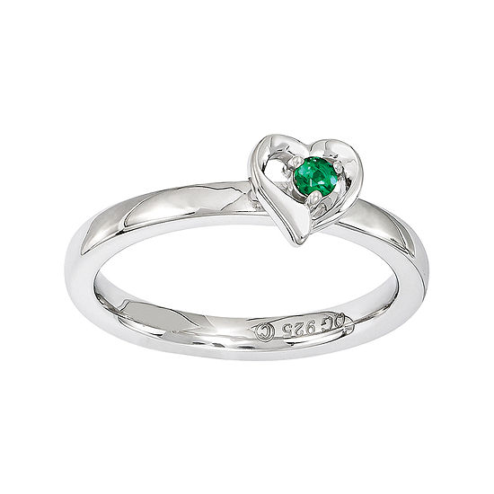 Personally Stackable Sterling Silver Lab-Created Emerald Heart Ring