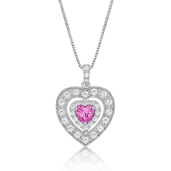 Womens Lab Created Pink Sapphire Sterling Silver Heart Pendant Necklace