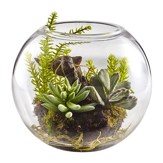 Nearly Natural Mix Succulent Garden With Glass Vase Artificial Flowers