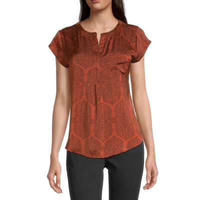 Liz Claiborne Womens Split Crew Neck Short Sleeve Satin Blouse