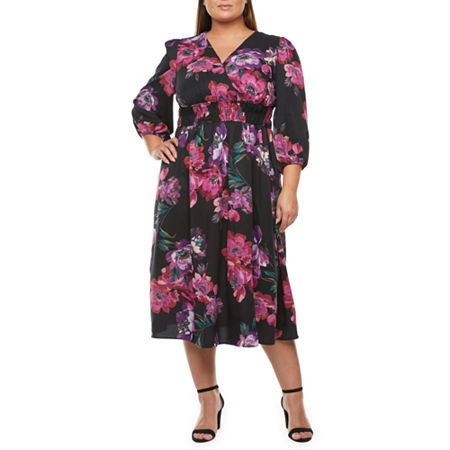 1940s Plus Size Dresses | Swing Dress, Tea Dress Danny  Nicole Plus 34 Sleeve Floral Midi Fit  Flare Dress 18w  Black $44.09 AT vintagedancer.com