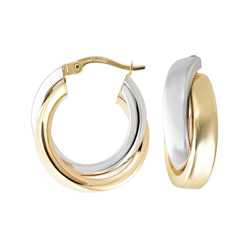 14K Two Tone Gold Crossover Hoop Earrings, Womens