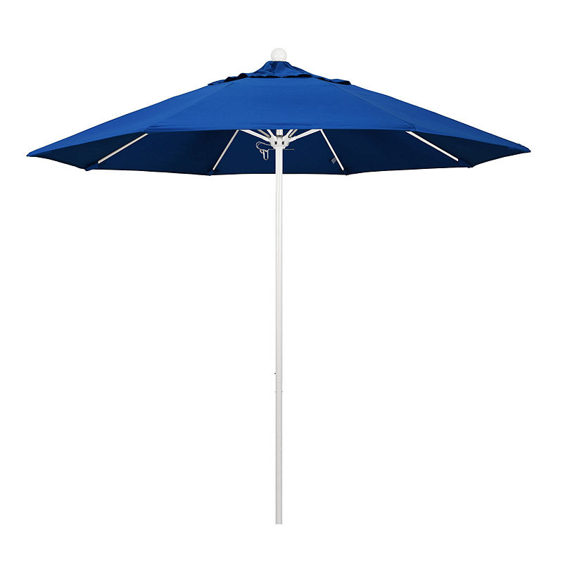 California Umbrella 9' Venture Series Pacifica Patio Umbrella With Matted White Aluminum Pole Fiberglass Ribs Push Lift, Blue
