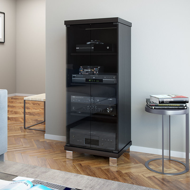 Media Storage Cabinet CorLiving: Audio Tower with Adjustable Shelves, Cable Management, Glass Doors