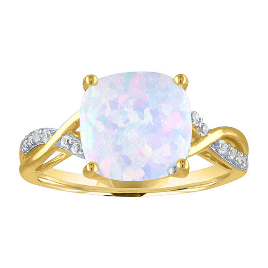 Womens Lab Created White Opal  10K Gold Cocktail Ring  