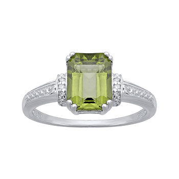 10k White Gold Emerald-cut Peridot And Diamond Ring