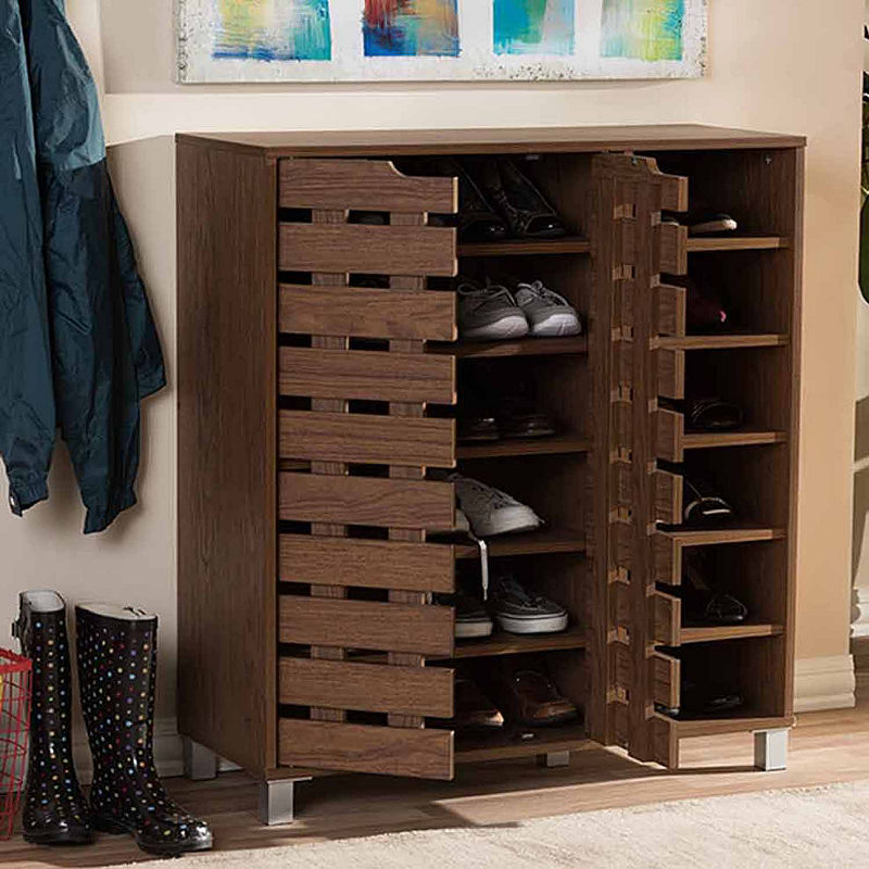 Shirley Modern and Contemporary 2 - Door Shoe Cabinet with Open Shelves - Walnut Brown - Baxton Studio