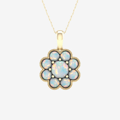 Womens Lab Created Multi Color Opal 14K Gold Over Silver Flower Pendant Necklace
