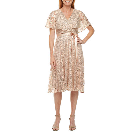 J Taylor Short Sleeve Sequin Lace Midi Fit + Flare Dress