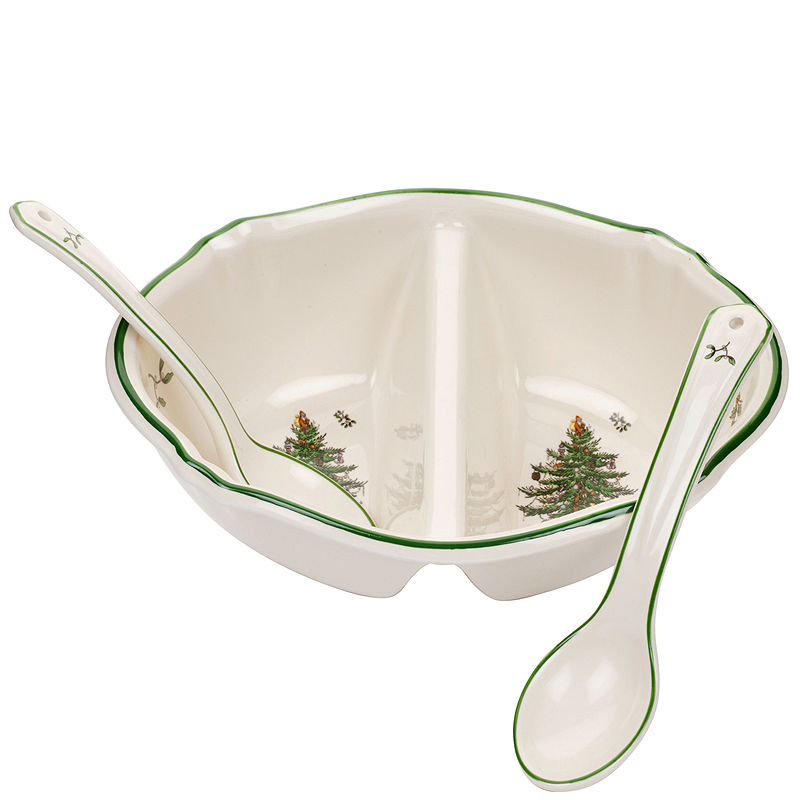 Spode Christmas Tree 2-Section Divided Serving Dish With Spoons
